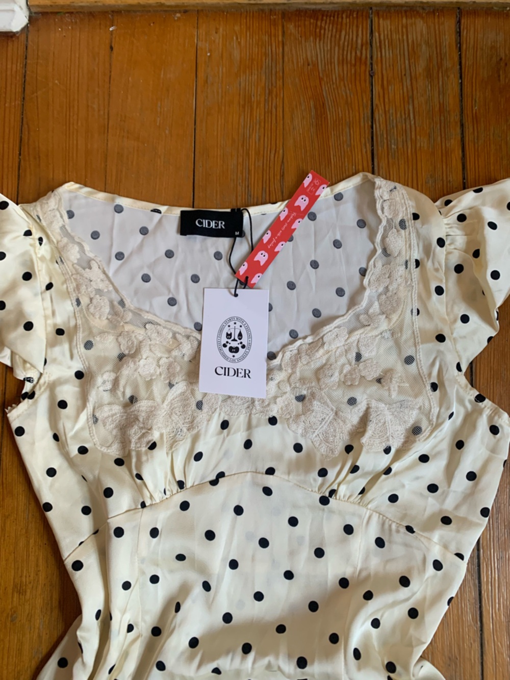 Cider Cream Satin Polka Dot Lace-Trim dress